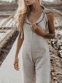 Women Boho Grey Linen Jumpsuit Romper Comfy Sleeveless Jumpsuit