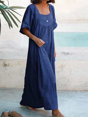 Women's Solid Color U-Neck Casual Loose Long Dress