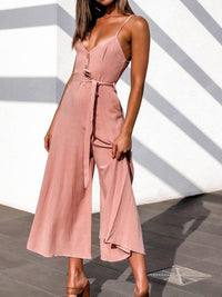 V-Neck Belt Loop Linen Pocket Jumpsuit