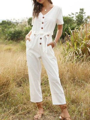 Women Button Up Pocket Tied Short Sleeve Casual Jumpsuit