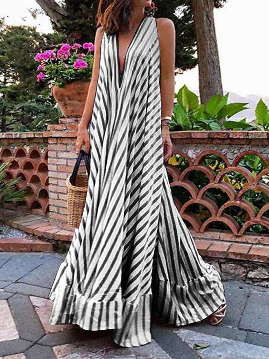 Women's Red Striped Pleated Big Swing V-Neck Bohemian Beach Maxi Dress