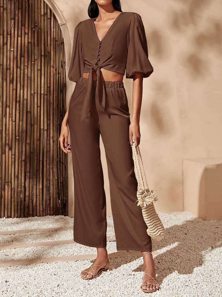 Women's Neckline Knotted Crop Top and Loose Trouser Suits