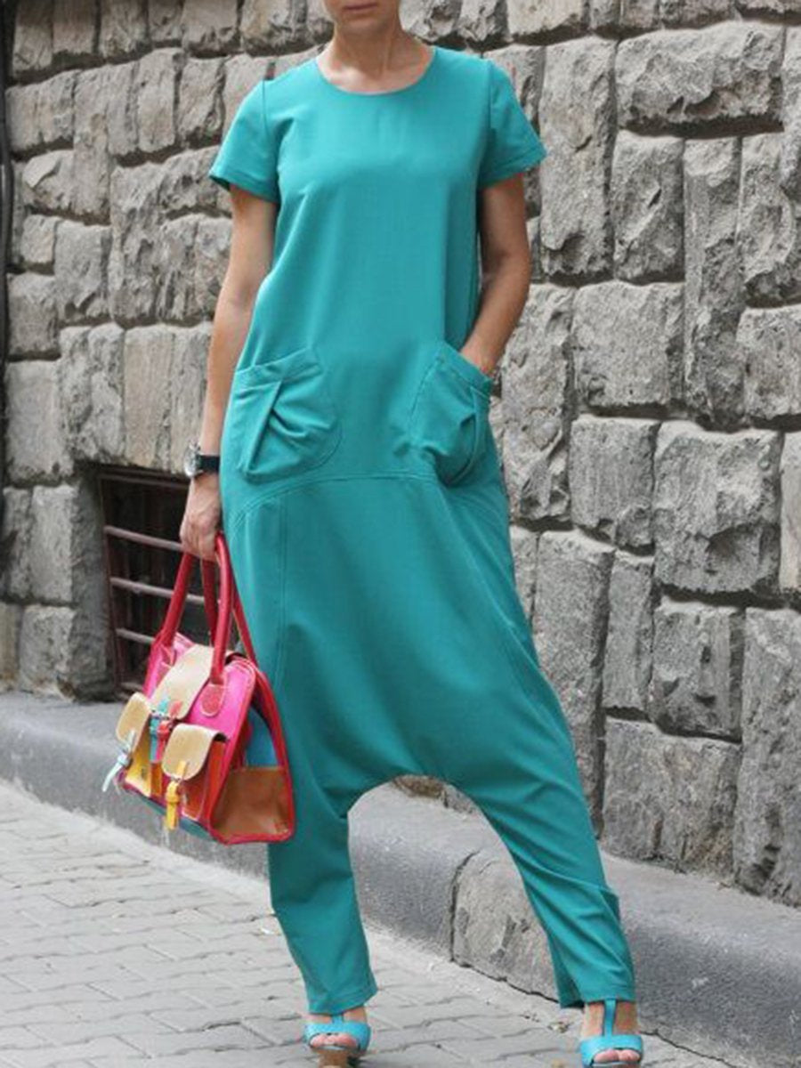 Short Sleeve Maxi Jumpsuit Loose Harem Romper with Pocket