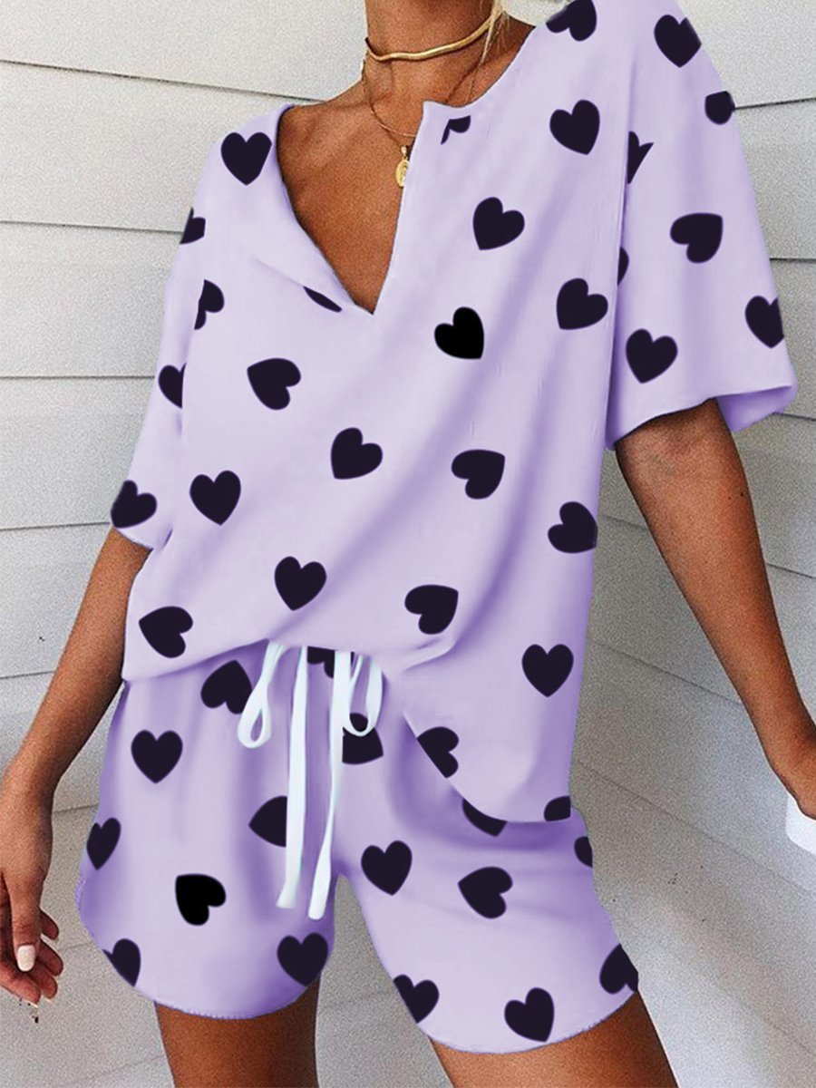 Heart-print V-neck Two-piece Suit