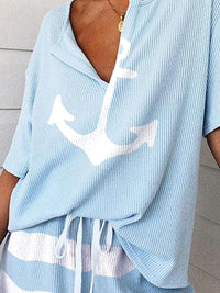 Casual V-neck Short Sleeve Print Set