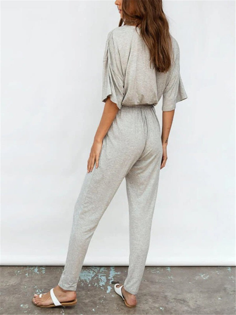 Solid Color V Neck Single Breasted Jumpsuits