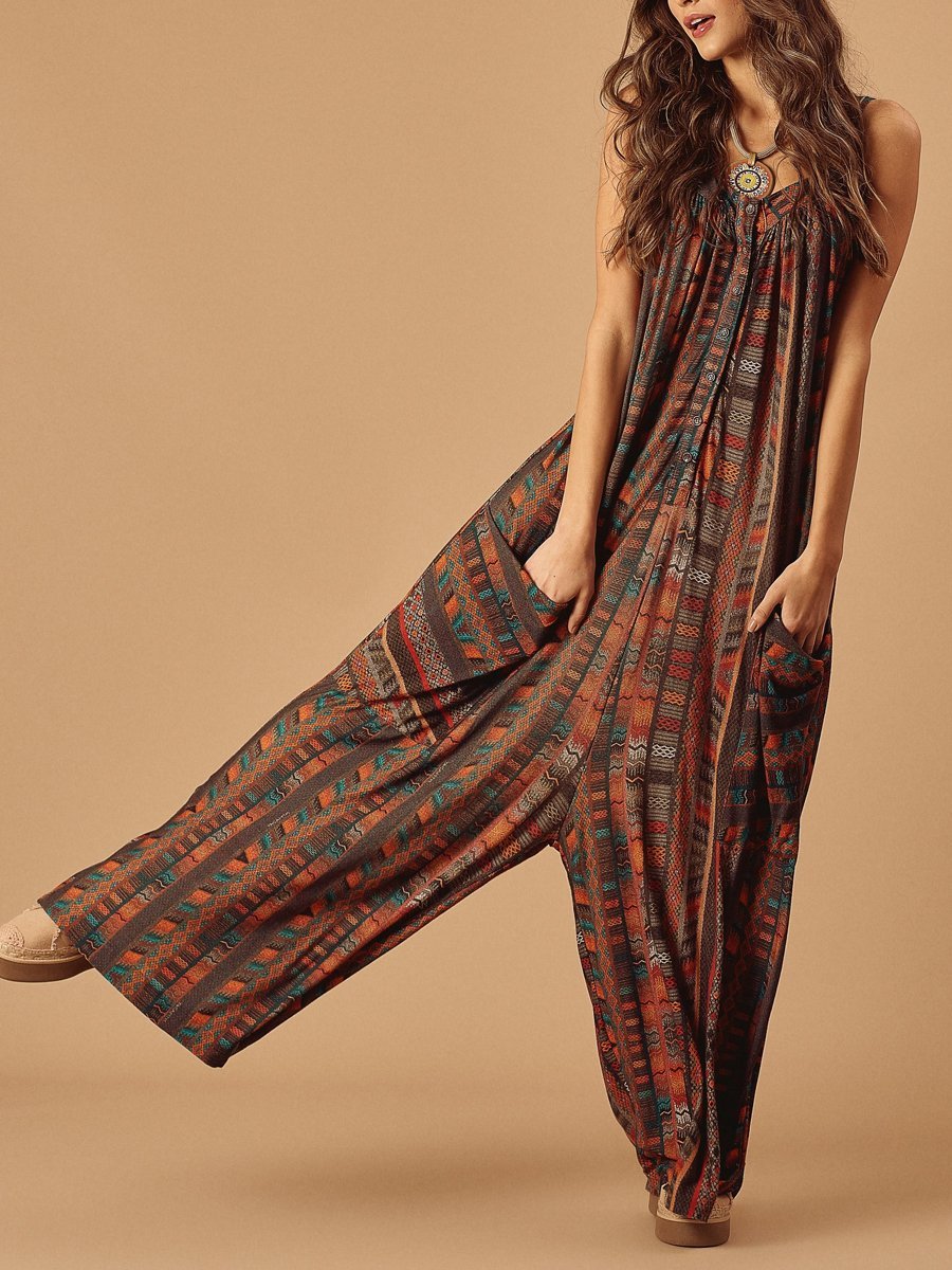 Fashionable Loose Print Pocket Jumpsuit