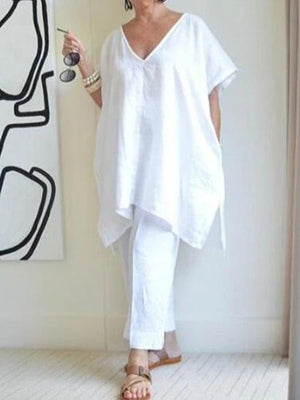 V-neck Solid Color Bat Wing Short Sleeve Suit