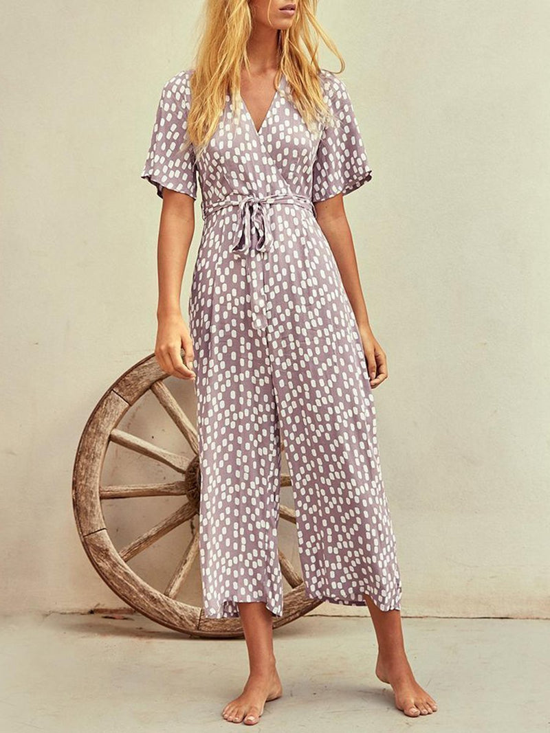 V-Neck Belt Polka Dot Printed Jumpsuit