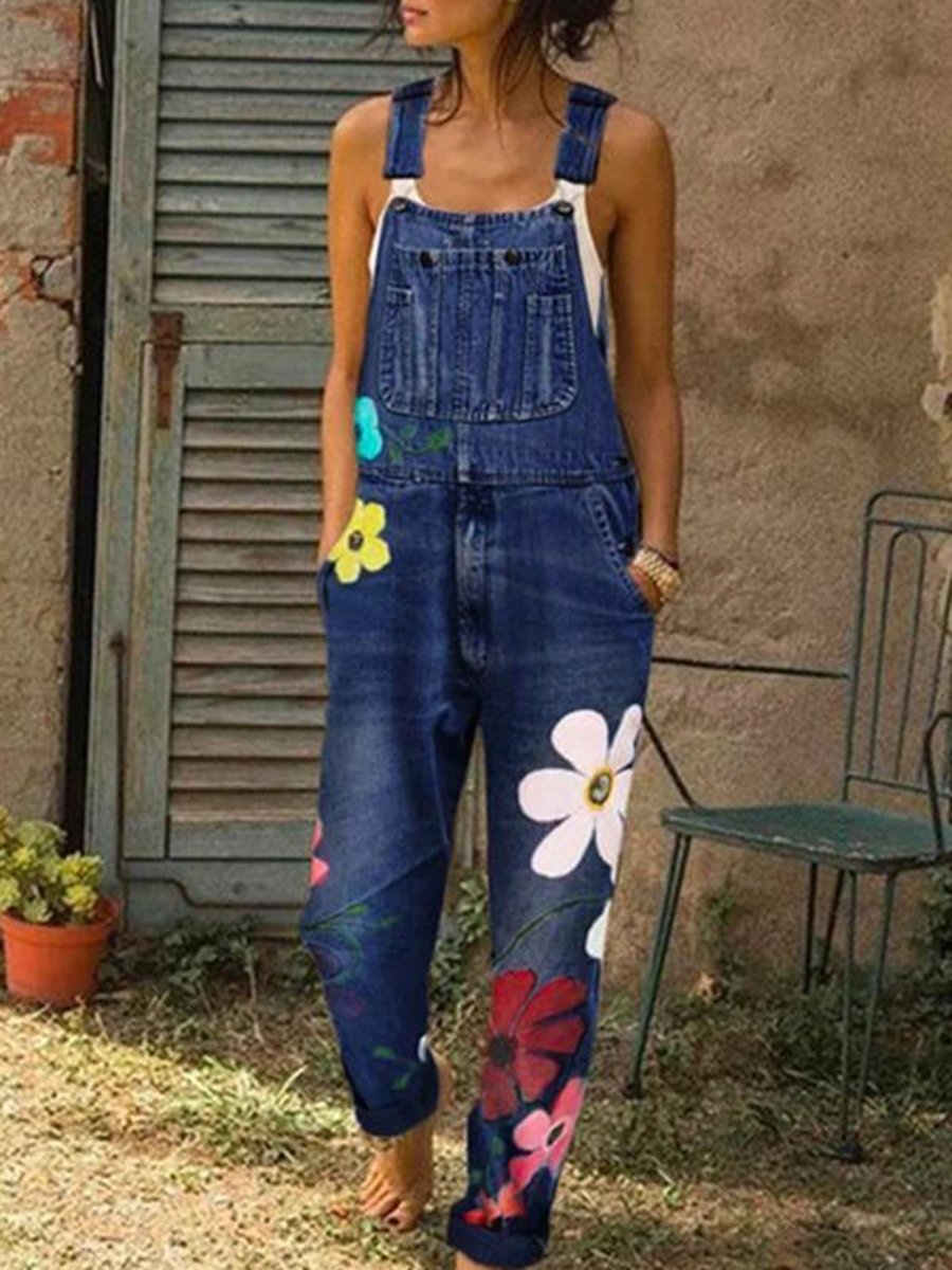 Women Vintage Floral Print Denim Pockets Jumpsuit