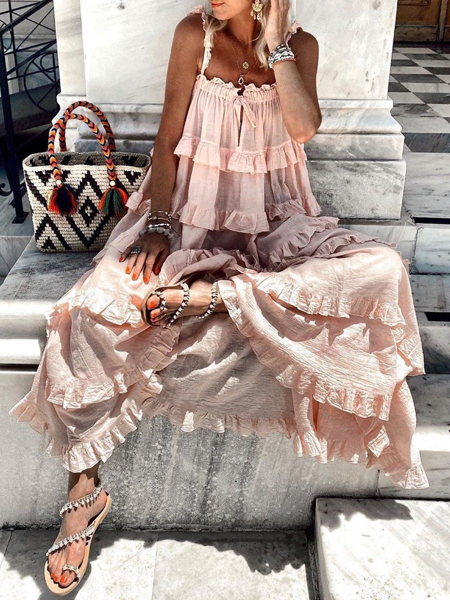 Bohemian Solid Color Fungus Strap Dress