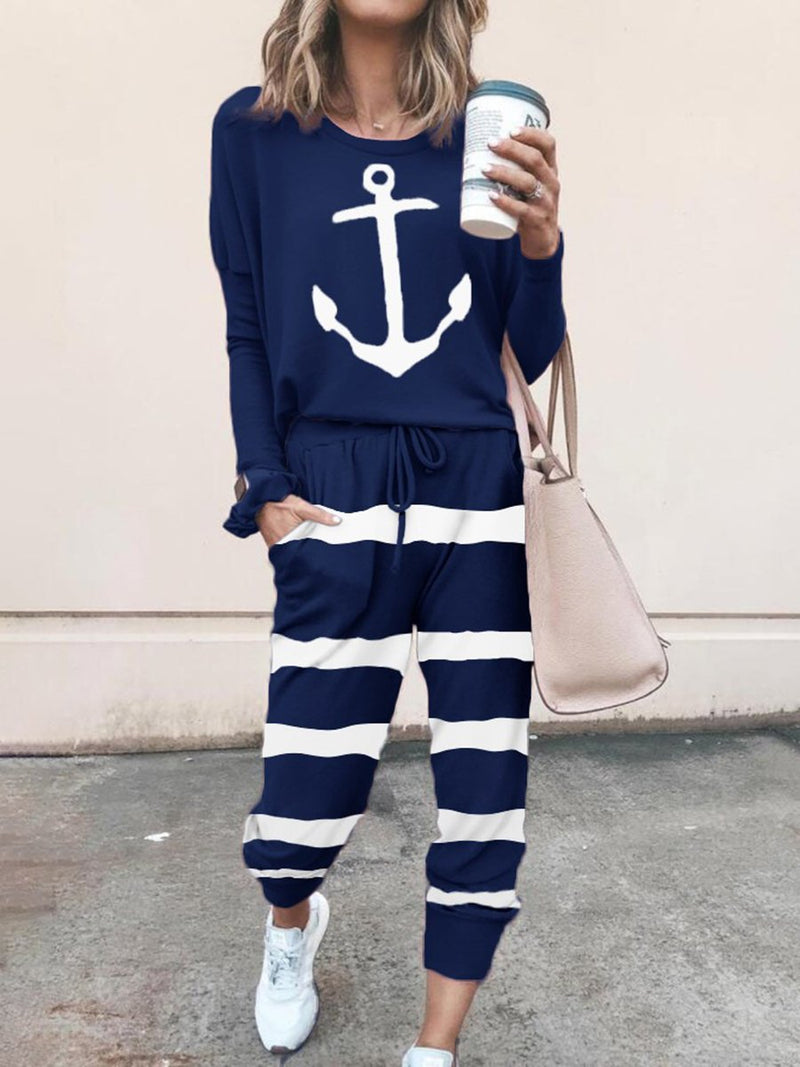 Anchor Printed Striped Drawstring Top and Pants Set