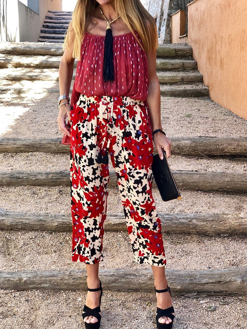 Bohemian Retro Casual Loose Sling Top Floral Pants Set