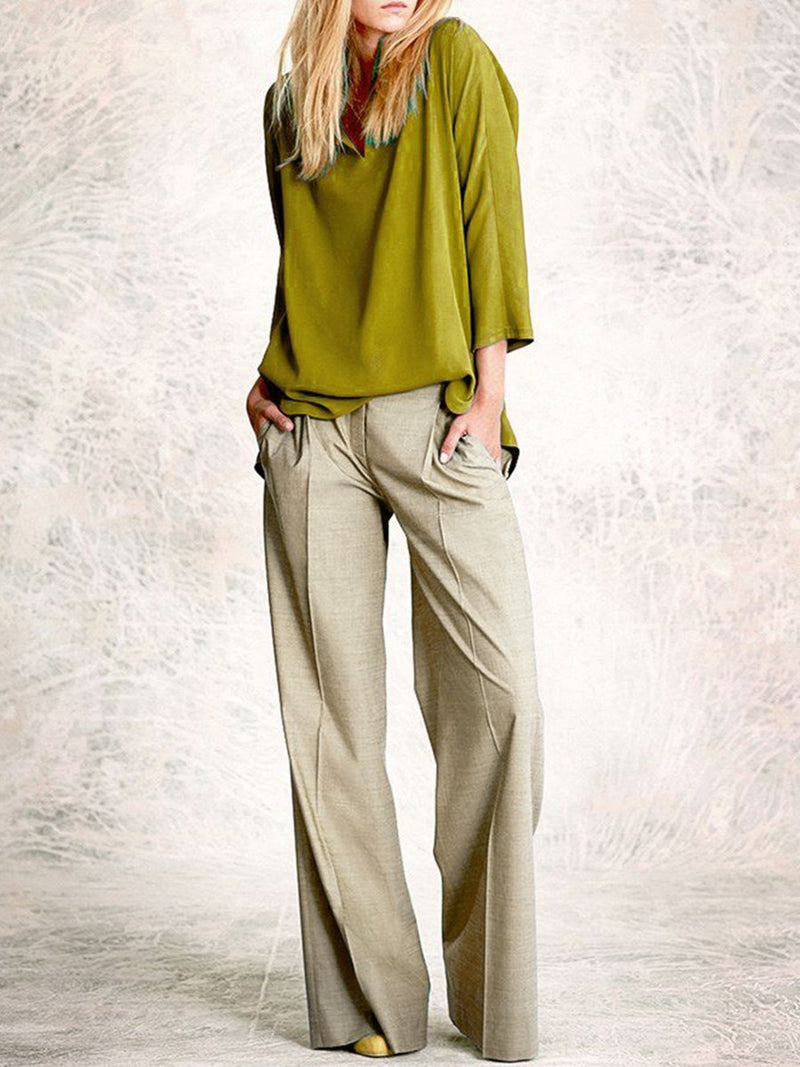 Casual Loose Turtleneck Solid Color Middle Sleeve Top Trousers Two Piece Set