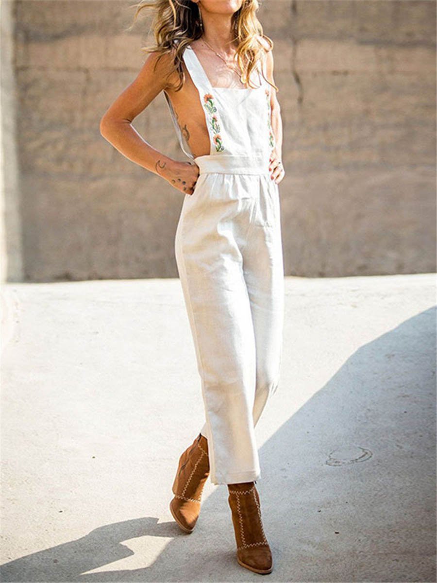 Embroideried Casual Solid Color Straps Pockets Jumpsuit