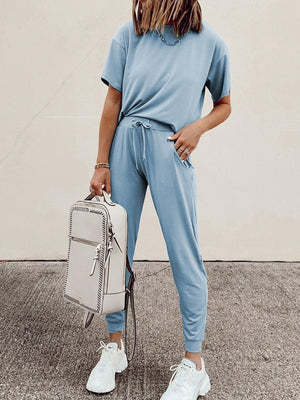 Fashionable Simple Casual Loose Short Sleeve Top Pants Suit