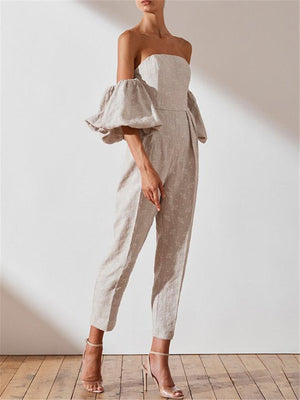 Retro Jacquard Puff Sleeve Tube Top Slim Jumpsuit