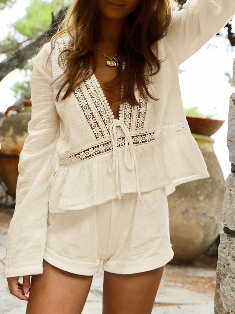 Loose Casual V-Neck Lace Top Shorts Suit