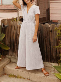 V Neck Lace-Up Linen Jumpsuit