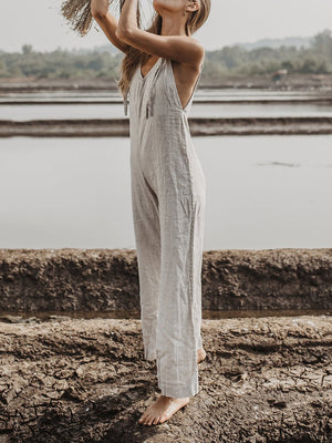 Women Boho Grey Linen Jumpsuit Romper Comfy Sleeveless Jumpsuit