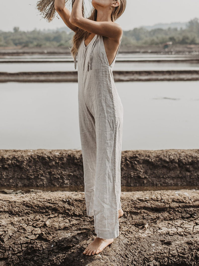 Women Boho Grey Linen Jumpsuit Romper Comfy Sleeveless Jumpsuit