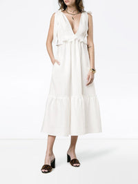 Women's Fashion White Bandage V-Neck Stitching Maxi Dress