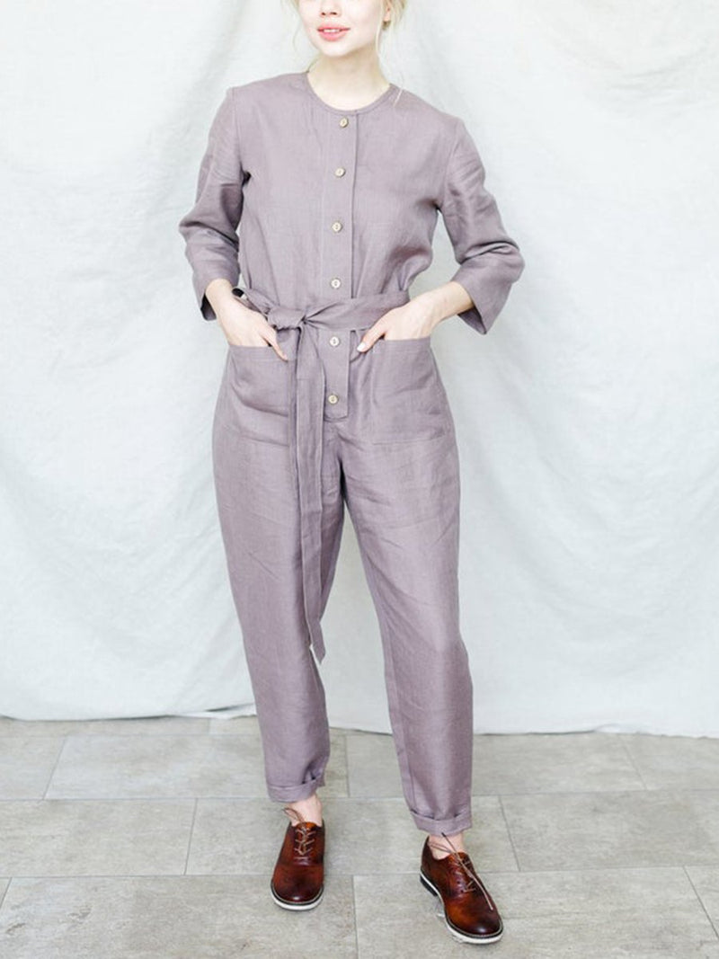 Fashion Casual Solid Color Round Neck Jumpsuits