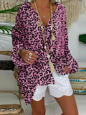 Women's Leopard Vacation Deep V Collar Blouse Shorts Suit