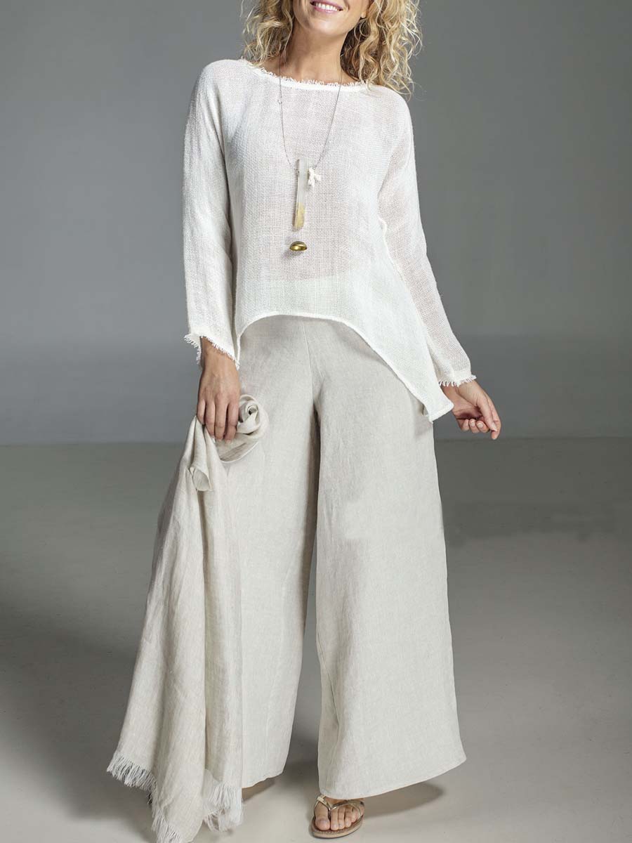 Round Neck Long Sleeve Loose Cotton and Linen Suit