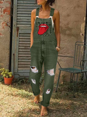 Printed Denim Casual Jumpsuit