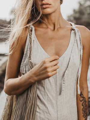 Women Boho Grey Linen Jumpsuit Romper Comfy Sleeveless Jumpsuit