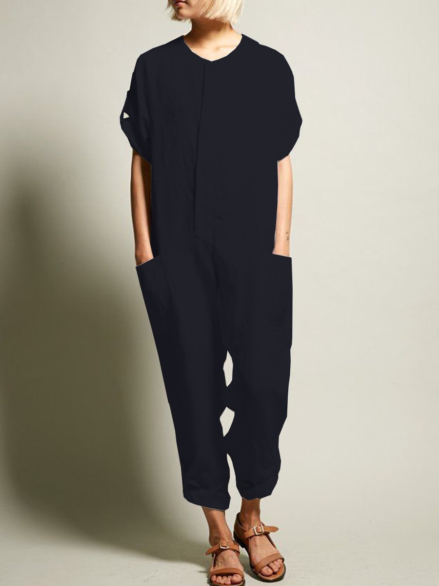 Round Neck Casual Pocket Jumpsuit In Solid Color Linen