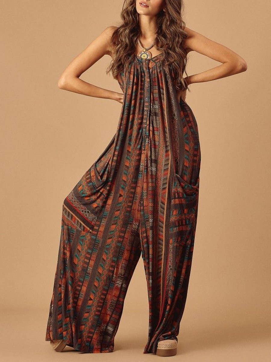 Fashionable Loose Print Pocket Jumpsuit