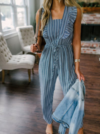 Women Ruffle Detail Lace Up Navy Striped Jumpsuit