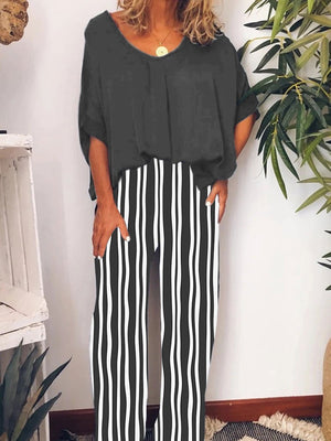 Simple Casual Loose Top Striped Pants Set