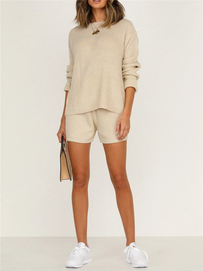 Simple Casual Loose Round Neck Long Sleeve Top Shorts Knitted Suit