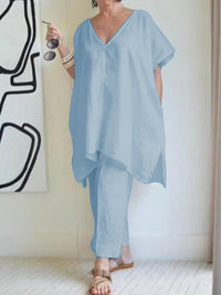 V-neck Solid Color Bat Wing Short Sleeve Suit