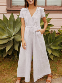 V Neck Lace-Up Linen Jumpsuit