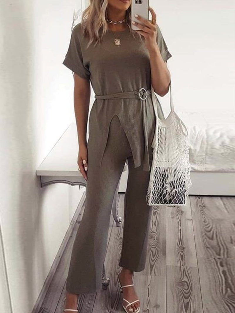 Casual Loose Solid Color Round Neck Short Sleeve Two-piece Suit