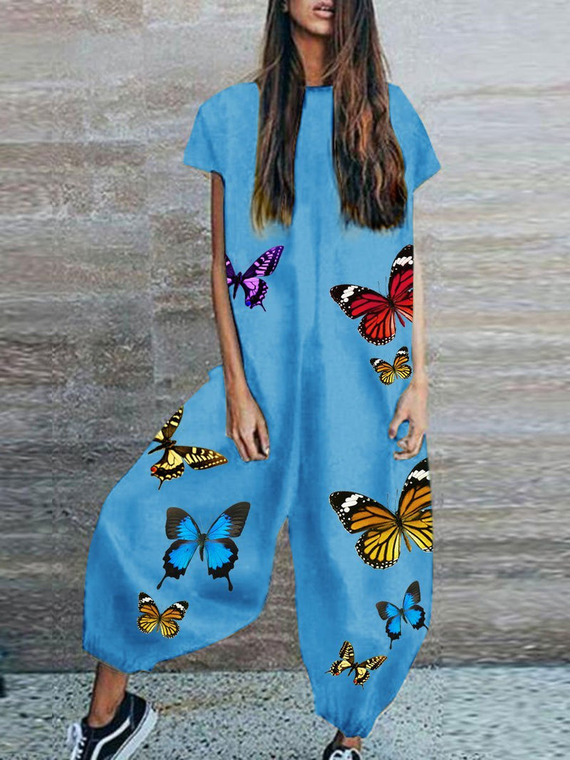 Short Sleeve Butterfly Print Jumpsuit