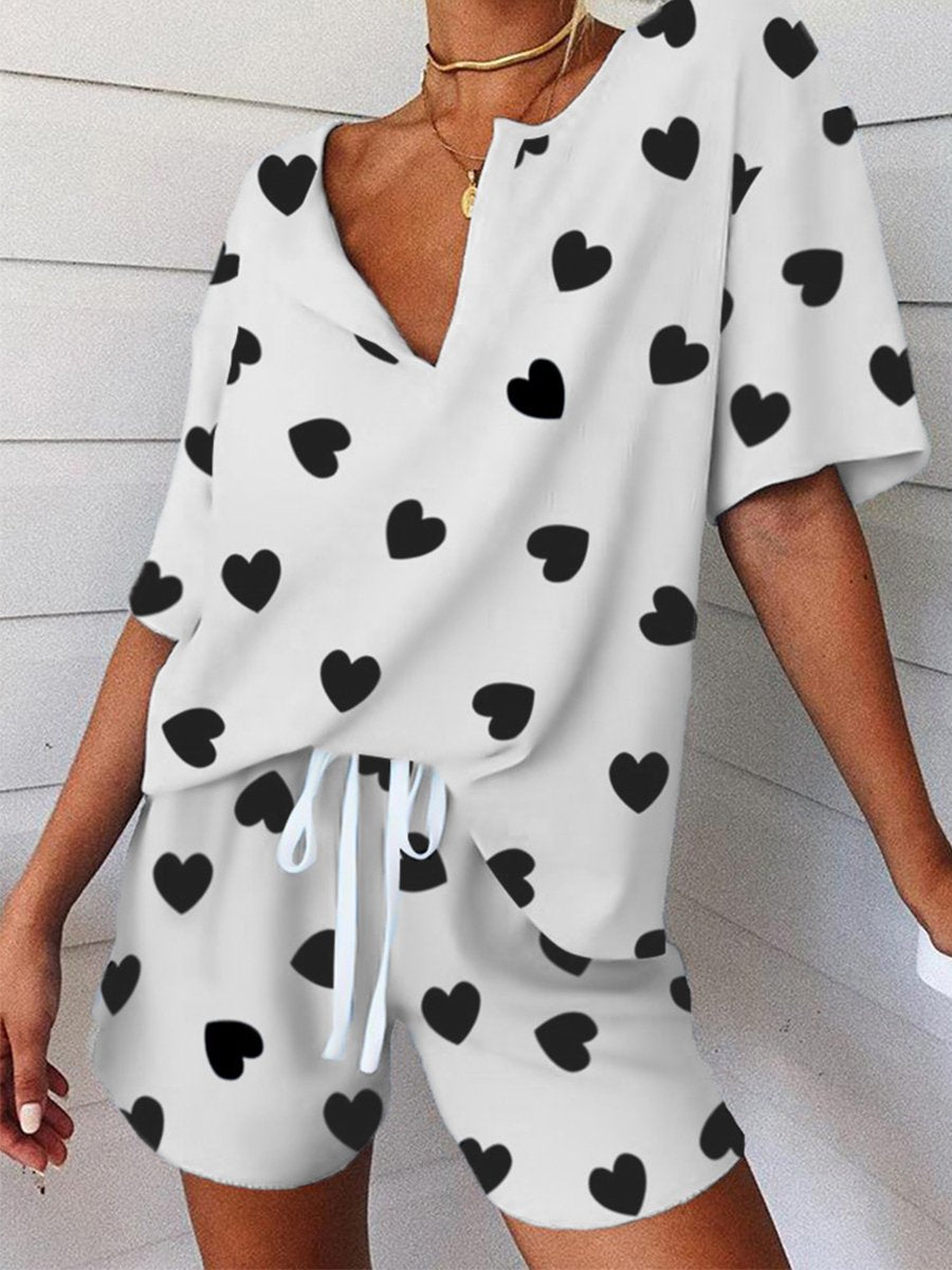 Heart-print V-neck Two-piece Suit