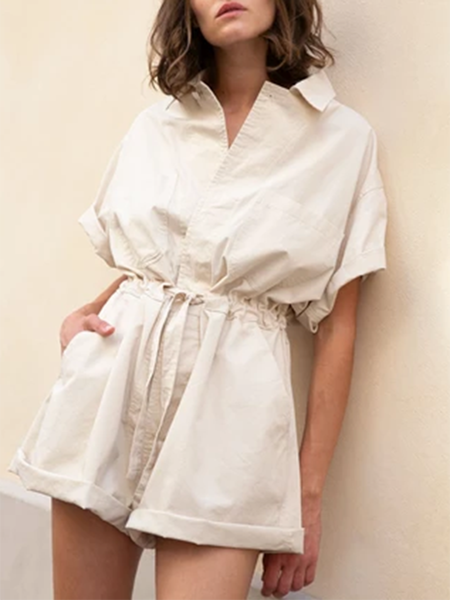 Casual Solid Color Loose Short Sleeve Top Lace Shorts Two Piece Suit