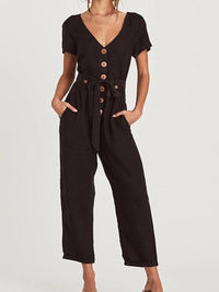 Button V Neck Short Sleeve Jumpsuit