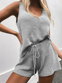 Two-piece Casual Solid Color Sleeveless V-neck Top Shorts