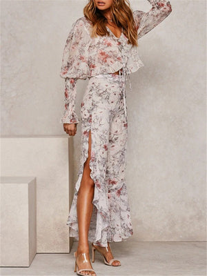 Romantic Floral Print Ruffled V Neck Sets