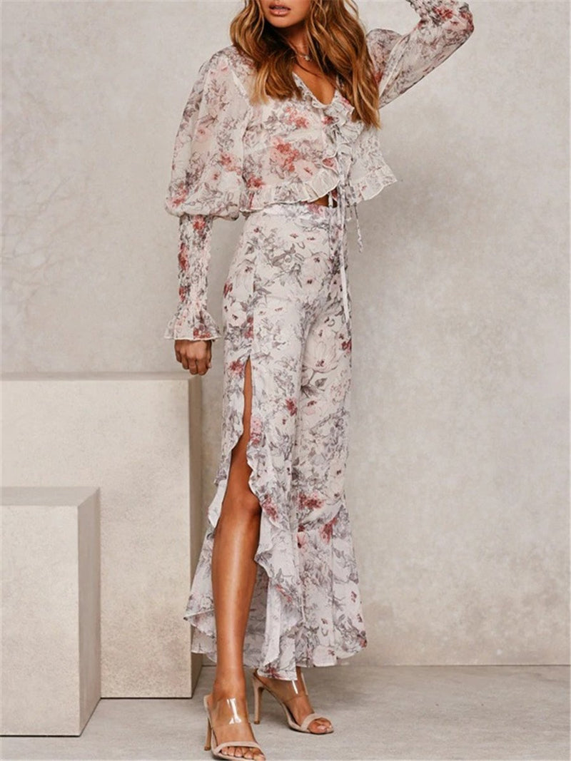 Romantic Floral Print Ruffled V Neck Sets