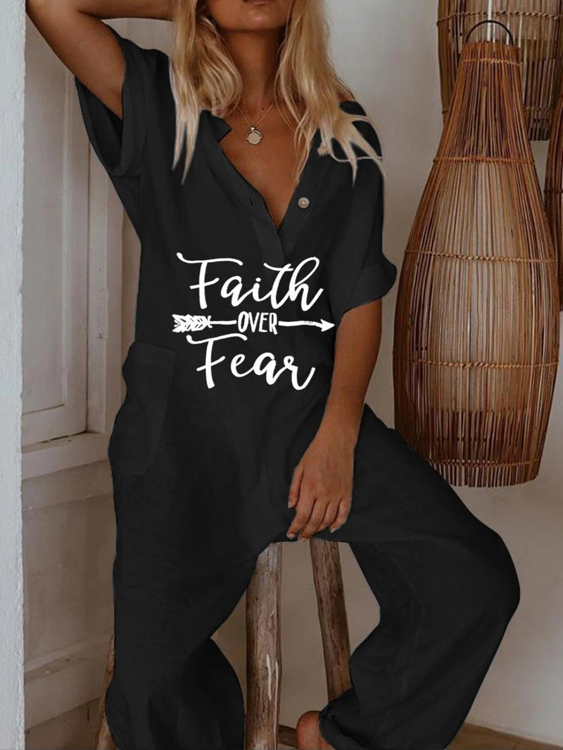 Women's Letter Printed Short Sleeve Casual Jumpsuit