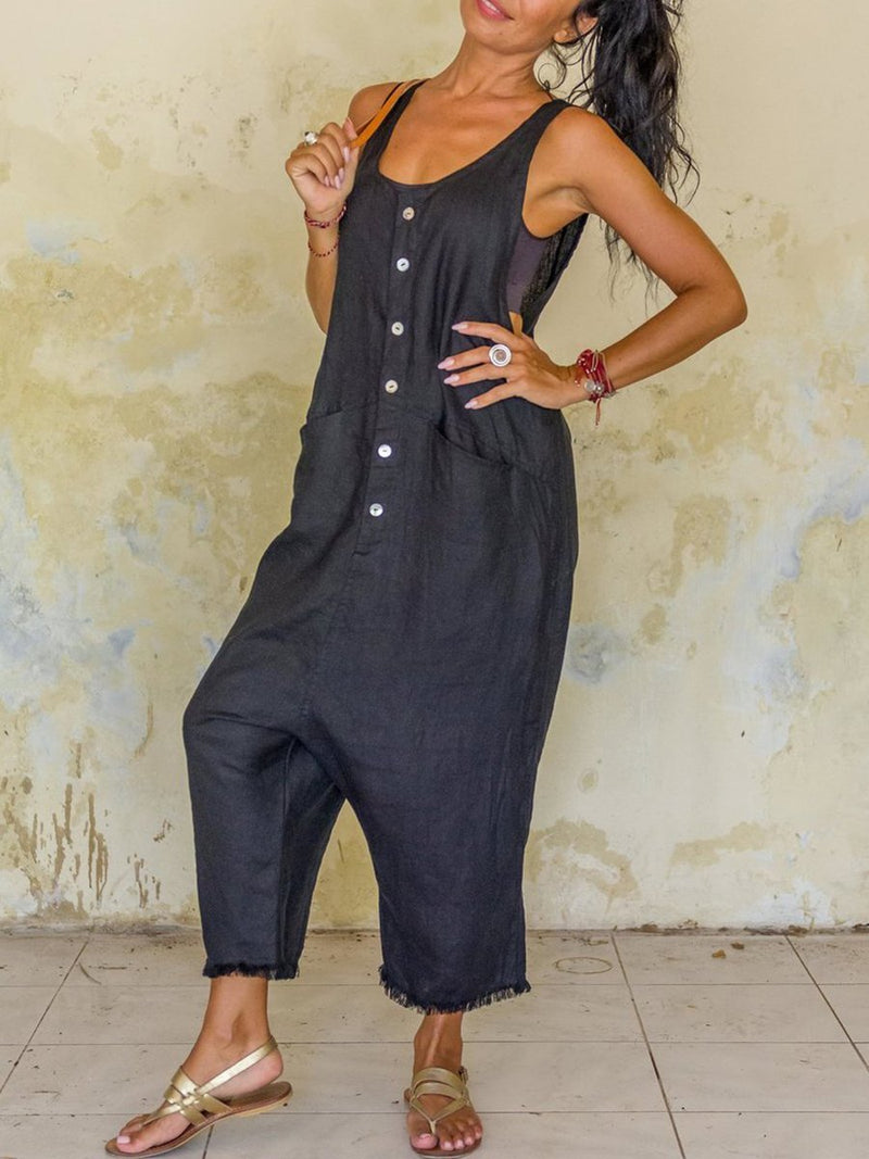 Black Plain Shift Casual jumpsuit V Neck One-Pieces