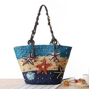 Embroidered Starfish Straw Bead Weave Women's Bag