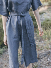 Solid Color Linen Lace-Up Jumpsuit with Pockets